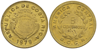 КОСТА-РИКА 5 СЕНТИМО 1979 g KM 184.3а латунь 66-545