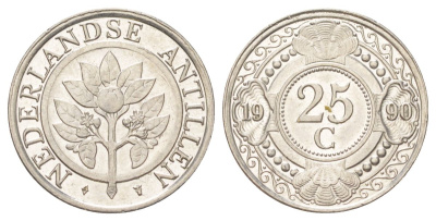 Нидерландские Антильские острова (Нидерландские Антилы) 25 центов 1990 KM 35 сталь плакированная никелем UNC 4625-531