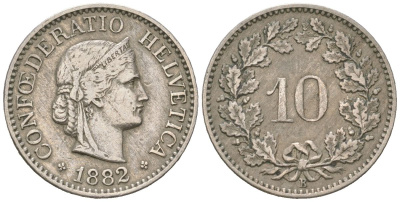 Швейцария 10 раппенов 1882 B KM 27 медно-никель 4164-238