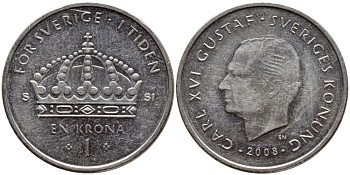 Швеция 1 крона 2008 Карл XVI Густав (1973- ) KM 894 медно-никель 85-1126