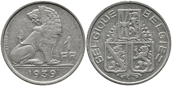 Бельгия 1 франк 1939 Леопольд III (1934-1950), Belgique-Belgie, лев KM 119 никель 4384-527
