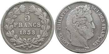 Франция 5 франков 1838 W, Луи Филипп I (1830-1848) KM 749.13 серебро 4386-324