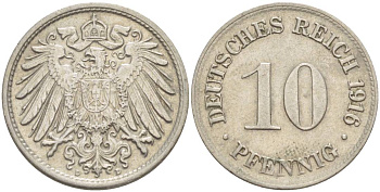 Германия 10 пфеннигов 1916 D KM 12, Jager 13, Weege 8 медно-никель 219-255