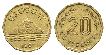 Уругвай 20 сентесимо 1981 KM 67 алюминиевая бронза UNC 4637-552