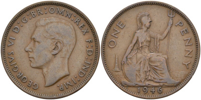 Великобритания 1 пенни 1946 Георг VI (1936-1952) KM 845, Spink 4114 бронза 4149-811