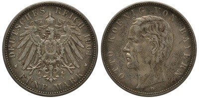 Бавария 5 марок 1904 Отто (1886-1913) Weege 47, J. 46, KM 512 серебро 3711-1521