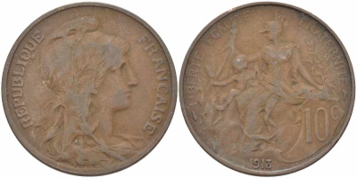 ФРАНЦИЯ 10 САНТИМОВ 1913 ТИП ДАНИЭЛЬ ДЮПЮИ KM 843, LA FRANC 136.23 бронза 109-321