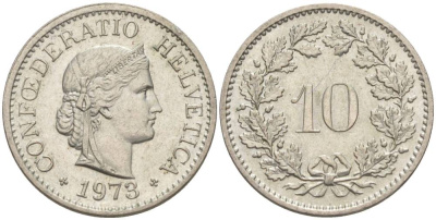 Швейцария 10 раппенов 1973 KM 27 медно-никель 55-447