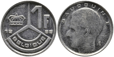 Бельгия 1 франк 1989 Belgique, Бодуэн I (1951-1993) KM 170 железо плакированное никелем 99-1219
