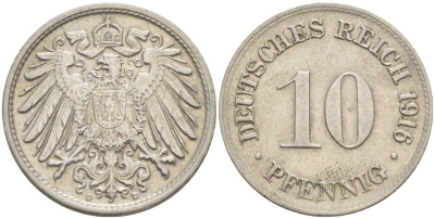 Германия 10 пфеннигов 1916 D KM 12, Jager 13, Weege 8 медно-никель 219-255