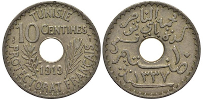 ТУНИС 10 САНТИМОВ 1919 АН1337, MOHAMMAD al-NASIR BEY KM 243 никель бронза 4182-657