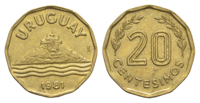 Уругвай 20 сентесимо 1981 KM 67 алюминиевая бронза UNC 4637-552