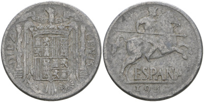 Испания 10 сентимо 1941 Франсиско Франко (1939-1975) KM 766 алюминий 4604-513