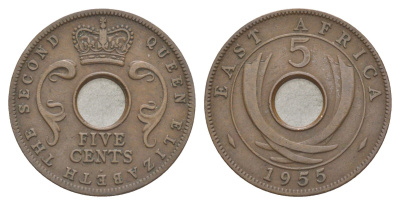 Британская Восточная Африка 5 центов 1955 Елизавета II (1952-2022) KM 37 бронза 4150-641