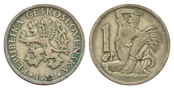 Чехословакия 1 крона 1922 женщина со снопом и серпом KM 4 медно-никель 31-1226