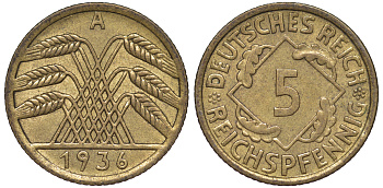 Германия 5 рейхспфеннигов 1936 A KM 39, J. 316 алюминиевая бронза 4602-1247