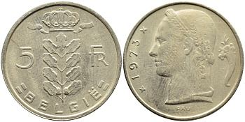 БЕЛЬГИЯ 5 ФРАНКОВ 1973 BELGIE KM 135.1 медно-никель 4110-433