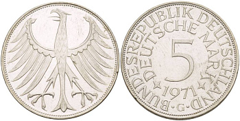 ФРГ 5 марок 1971 G KM 112.1, Jager 387 серебро 4542-1236