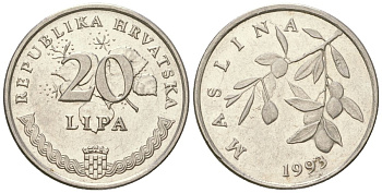 Хорватия 20 лип 1993 нечетный год KM 7 сталь плакированная никелем  UNC  4124-1236