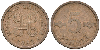 Финляндия 5 пенни 1963 KM 45 медь 218-949