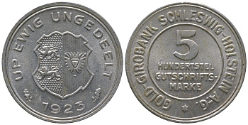 Шлезвиг-Гольштейн (Пруссия) 5?100 марки 1923 Funck 642.1, KM Tn1, Men18 16296.1 алюминий UNC 4610-532