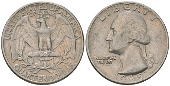 США 25 центов (квотер) 1965 Вашингтон KM 164a медь плакированная медно-никелем 4601-1033
