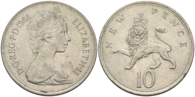 Великобритания 10 пенсов 1968 Елизавета II (1952-2022) KM 912, Spink 4231 (F1) медно-никель 81-1216