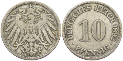 ГЕРМАНИЯ 10 ПФЕННИГОВ 1892 A KM 12, J. 13 медно-никель 4401-932