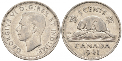 Канада 5 центов 1941 бобр, Георг VI (1937-1952) KM 33 никель 73-1213