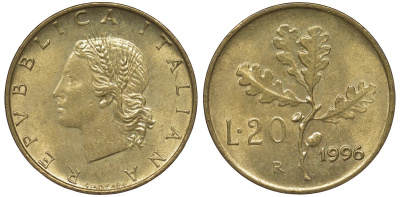 Италия 20 лир 1996 R, дубовая ветвь KM 97.2 алюминиевая бронза 4128-1243