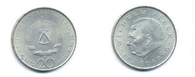 ГДР 20 марок 1972 А, Вильгельм Пик (1876-1960) KM 42 медно-никель 3333-346