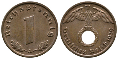 Германия 1 рейхспфенниг 1939 A KM 89, J. 361 бронза    220-356