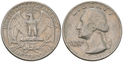 США 25 центов (квотер) 1965 Вашингтон KM 164a медь плакированная медно-никелем 4601-1033