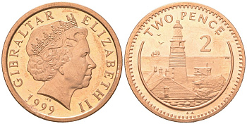 Гибралтар 2 пенса 1999 KM 774 сталь плакированная медью UNC 4619-224