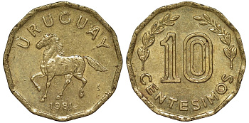 Уругвай 10 сентесимо 1981 KM 66 алюминиевая бронза 4169-517