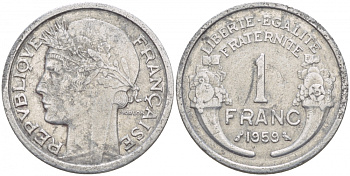 ФРАНЦИЯ 1 ФРАНК 1959 ТИП MORLON, LEGERE KM 885a.1, LE FRANC 221.23 алюминий 4546-1231