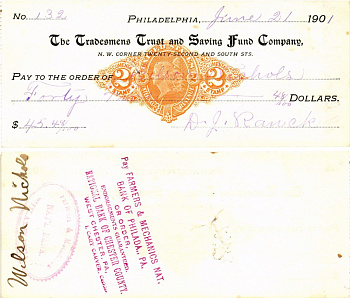 США чек на 45.48 долларов 1901 Филадельфия бумага 6287-21-2-1