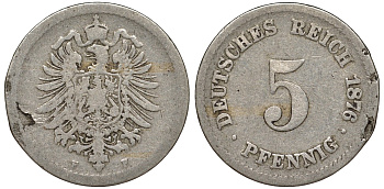 Германия 5 пфеннигов 1876 F, старогербовка KM 3, J. 3 медно-никель 51-3244