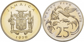 Ямайка 25 центов 1970 P, тираж 12000 экз., Франклин Минт KM 49 медно-никель PROOF 01-168-14