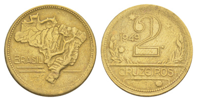 Бразилия 2 крузейро 1949 KM 559 алюминиевая бронза 4642-1217