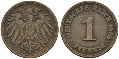 Германия 1 пфенниг 1898 A, Вильгельм II (1888-1918) KM 10, J. 10 медь 3955-1117