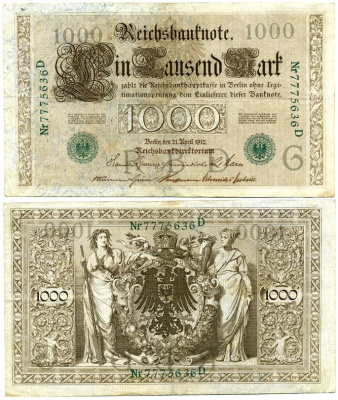 ГЕРМАНИЯ 1000 МАРОК 1910 ЗЕЛЕНАЯ ПЕЧАТЬ, 7 ЦИФР В НОМЕРЕ Pick 45b бумага 2192-75-1