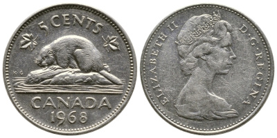 КАНАДА 5 ЦЕНТОВ 1968 БОБЕР KM 60.1 никель 84-1522