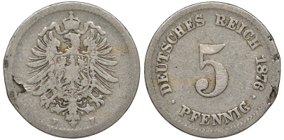 Германия 5 пфеннигов 1876 F, старогербовка KM 3, J. 3 медно-никель 51-3244