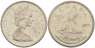 Канада 10 центов 1975 Елизавета II (1952-2022), парусник KM 77.1 никель 4532-446