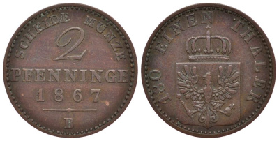 ПРУССИЯ 2 ПФЕННИГА 1867 B, ВИЛЬГЕЛЬМ I (1861-1888) KM 481 медь 186-616