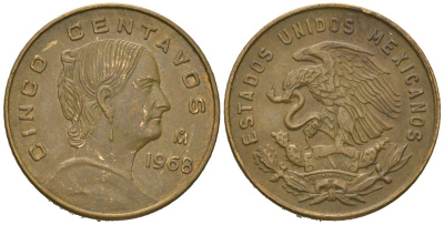 Мексика 5 сентаво 1968 Мо, Жозефа Ортис де Домингес KM 426 латунь 4618-747