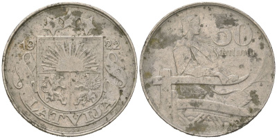 Латвия 50 сантимов 1922 первая Республика (1918-1939) KM 6 никель 92-212
