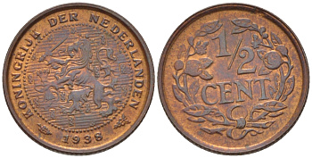 НИДЕРЛАНДЫ 1/2 ЦЕНТА 1938 ВИЛЬГЕЛЬМИНА (1890-1948) KM 138 бронза 39-233