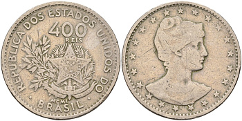 Бразилия 400 рейс 1901 голова свободы вправо KM 505 медно-никель 4367-232